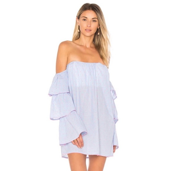 Lovers + Friends Ronita Dress Off The Shoulder Tiered Ruffle Long Sleeve Blue - Picture 1 of 9